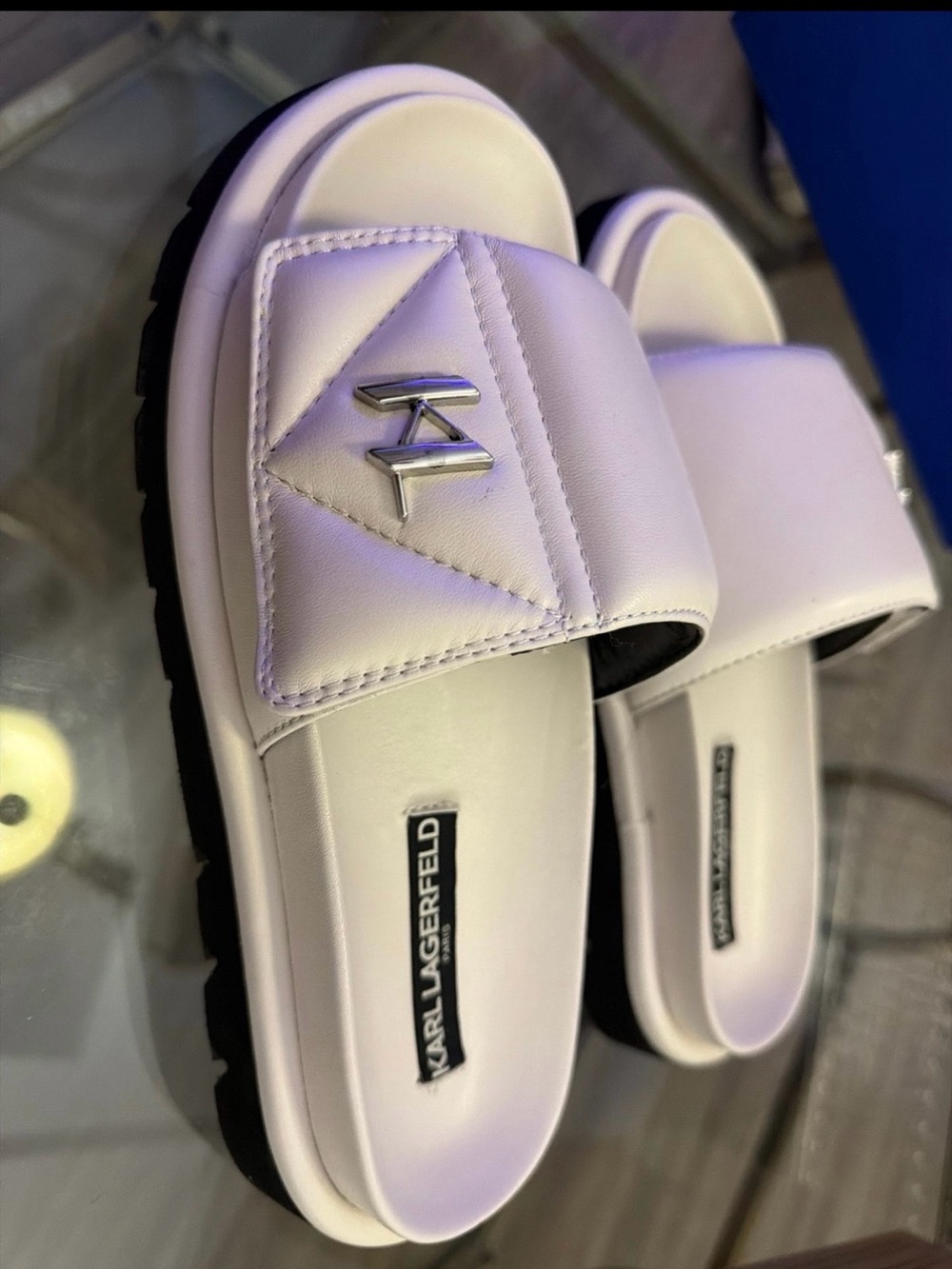 Karl Lagerfeld White Slide Sandals with Silver Logo - Picture 2 of 5